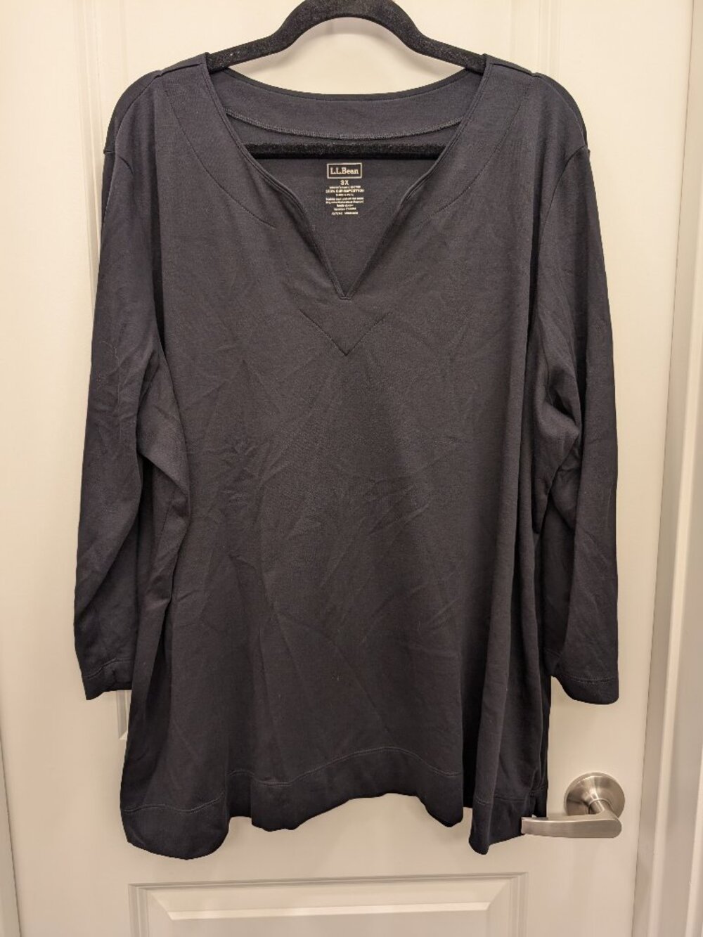 LL Bean Womens 3X Black Supima Cotton Notch Neck 3/4 Sleeve Tunic Shirt